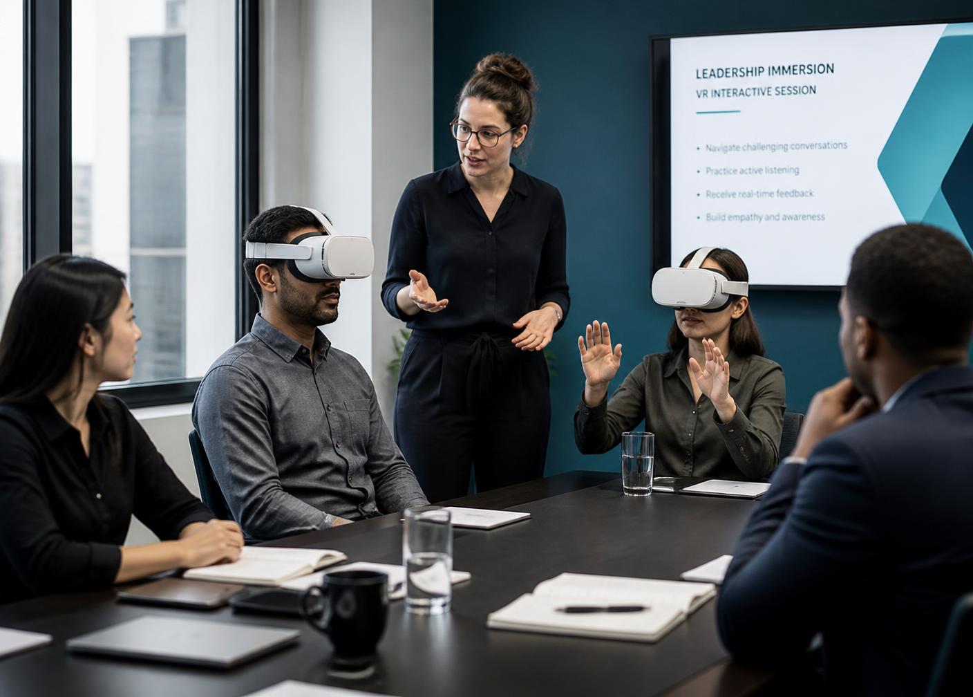 Corporate team taking part in a VR leadership training session